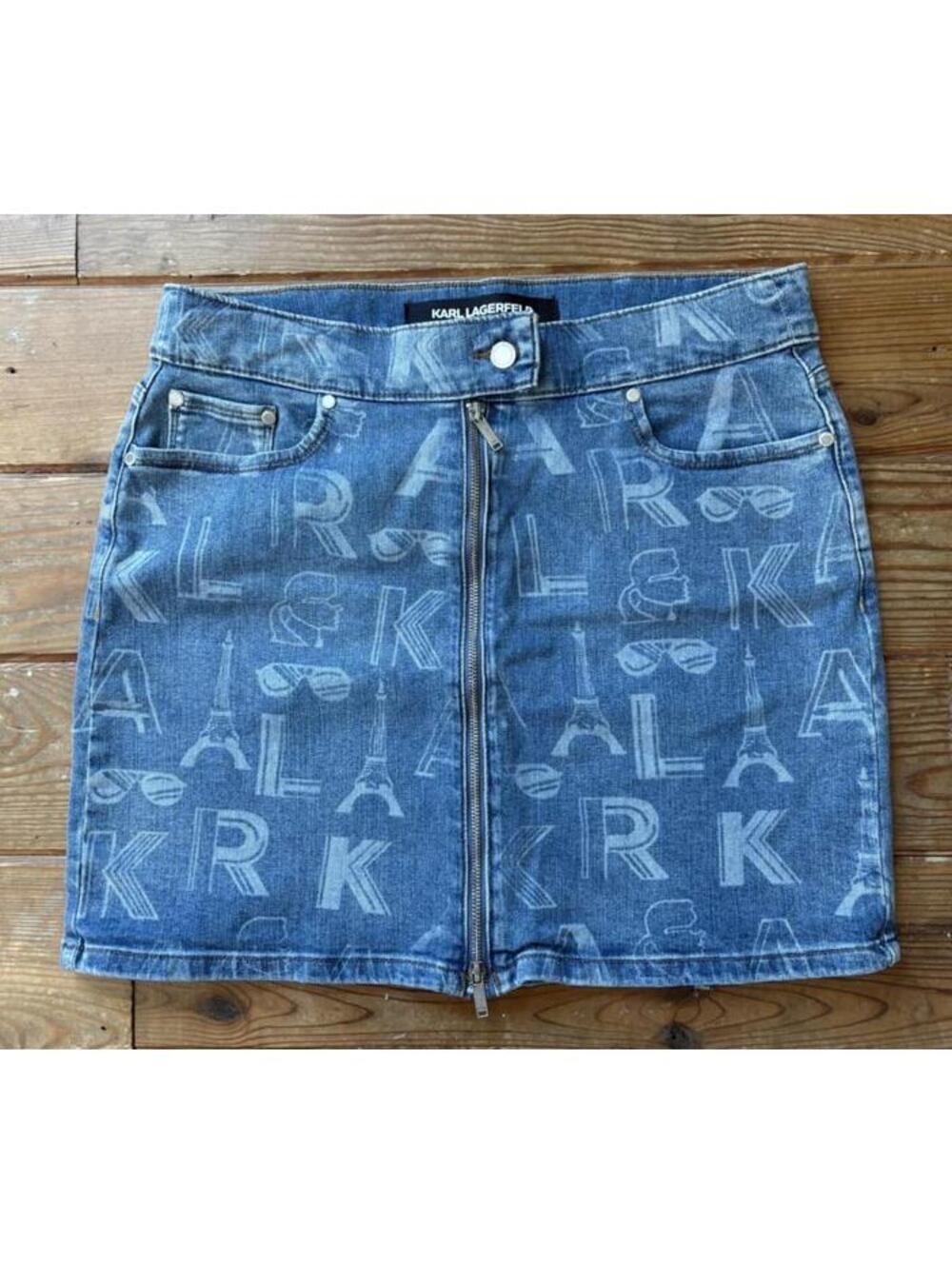 Karl Lagerfeld Paris Blue Denim Logo Mini Skirt Size 12